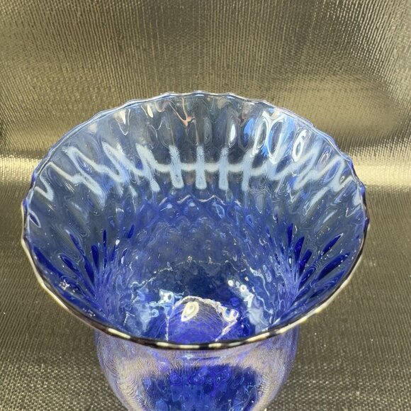 Vintage Venetian Tall Optic Pattern Goblet Compote Cup Cobalt Blue Stem Glass - Picture 5 of 14